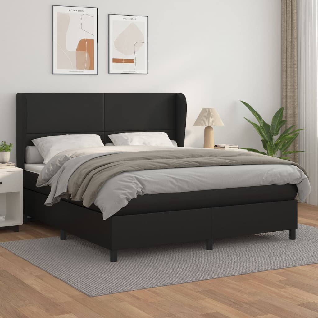 vidaXL Pat box spring cu saltea, negru, 160x200 cm, piele ecologică