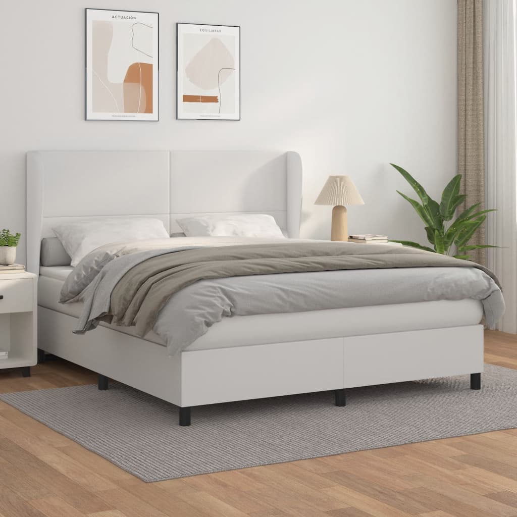 vidaXL Pat box spring cu saltea, alb, 160x200 cm, piele ecologică