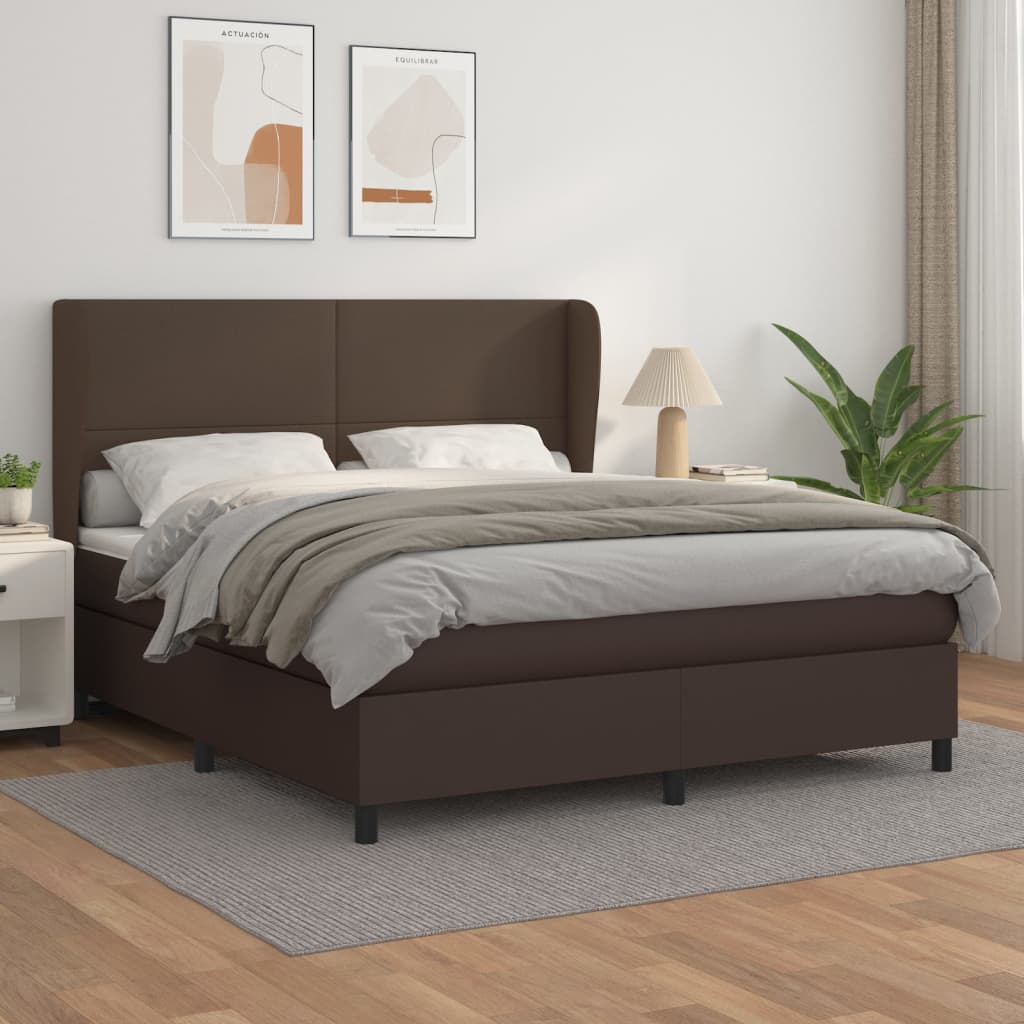 Pat box spring cu saltea, maro, 160x200 cm, piele ecologică