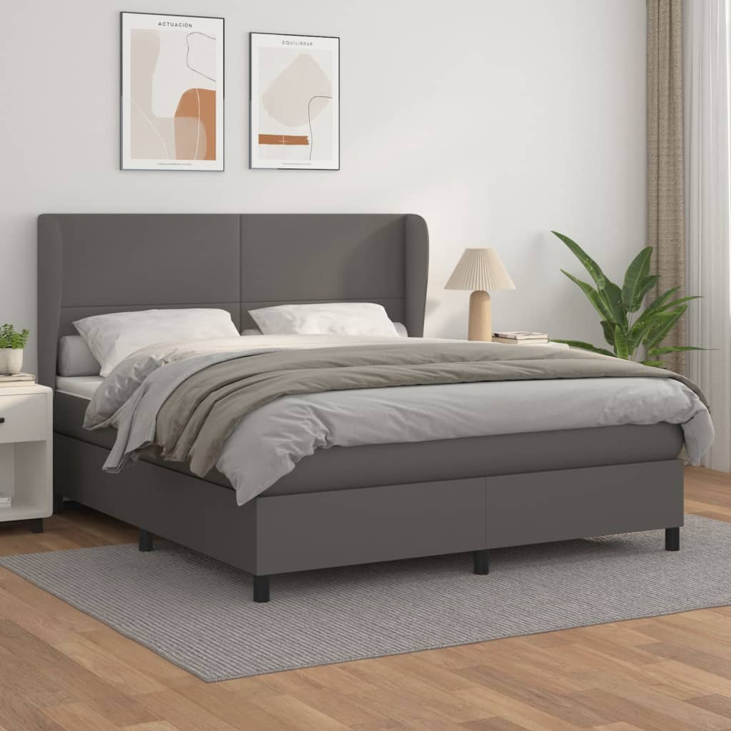 vidaXL Pat box spring cu saltea, gri, 160x200 cm, piele ecologică