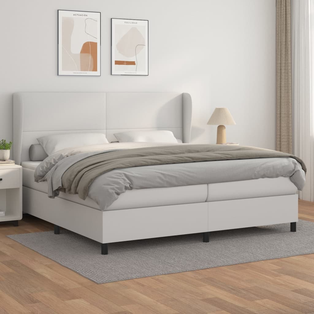 Pat box spring cu saltea, alb, 200x200 cm, piele ecologică