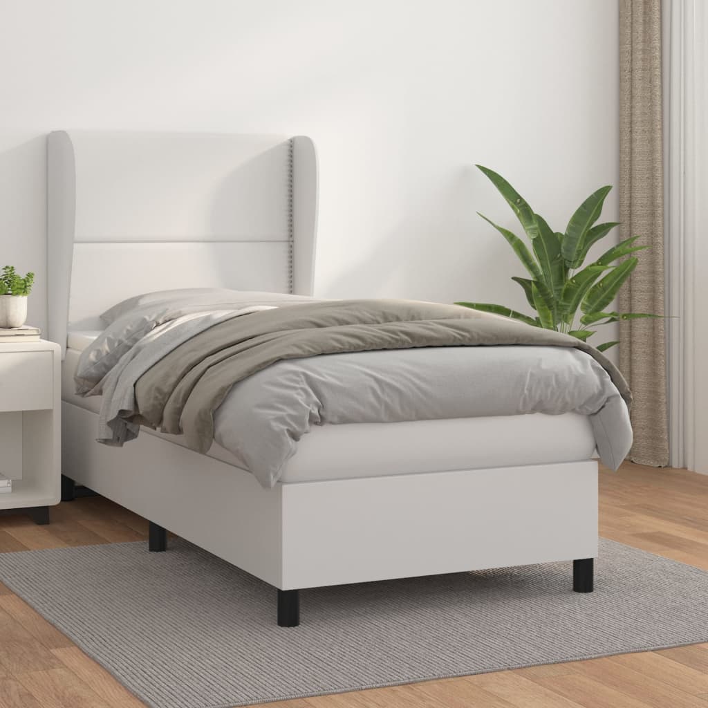 vidaXL Pat box spring cu saltea, alb, 90x190 cm, piele ecologică