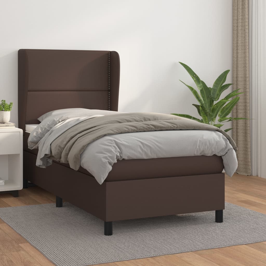 vidaXL Pat box spring cu saltea, maro, 90x200 cm, piele ecologică