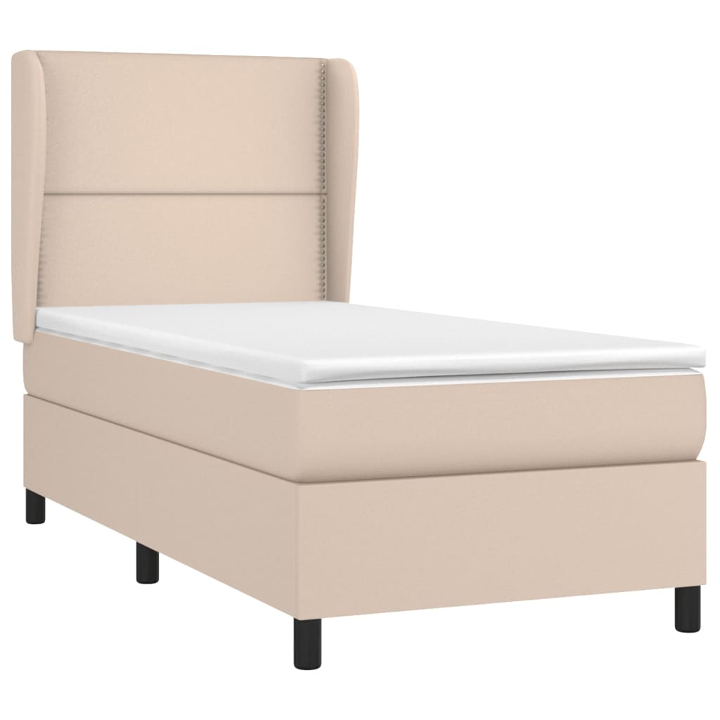 Pat box spring cu saltea, cappuccino, 90x200 cm piele ecologică