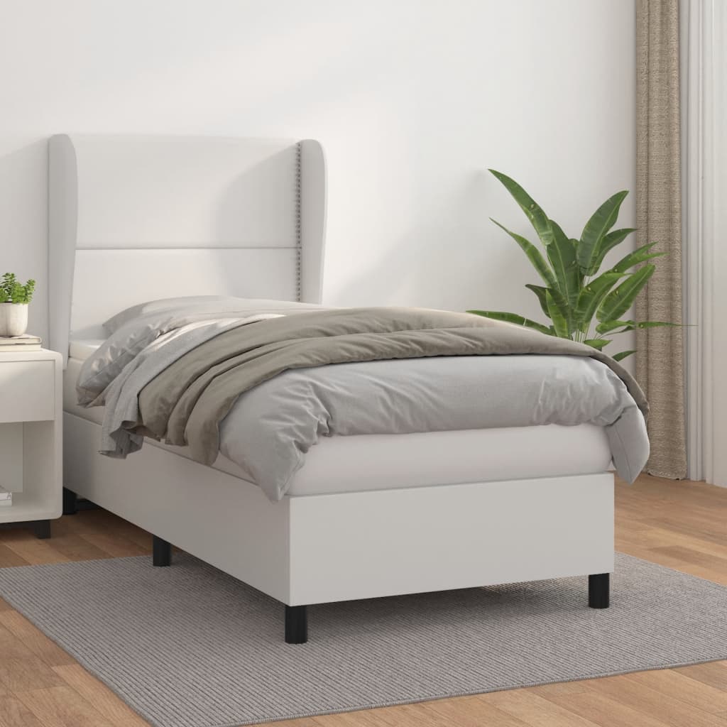 vidaXL Pat box spring cu saltea, alb, 100x200 cm, piele ecologică