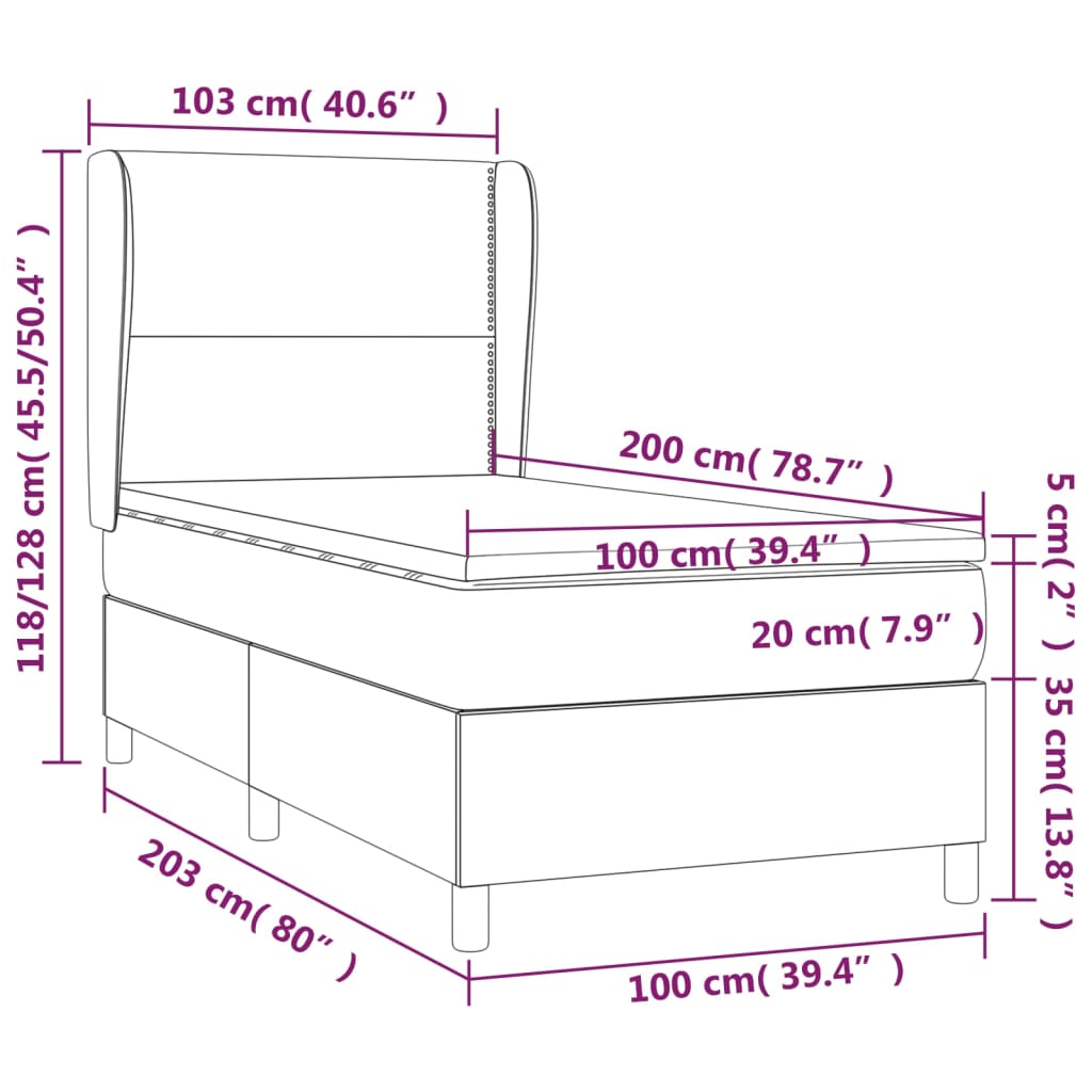 szürke műbőr rugós ágy matraccal 100 x 200 cm