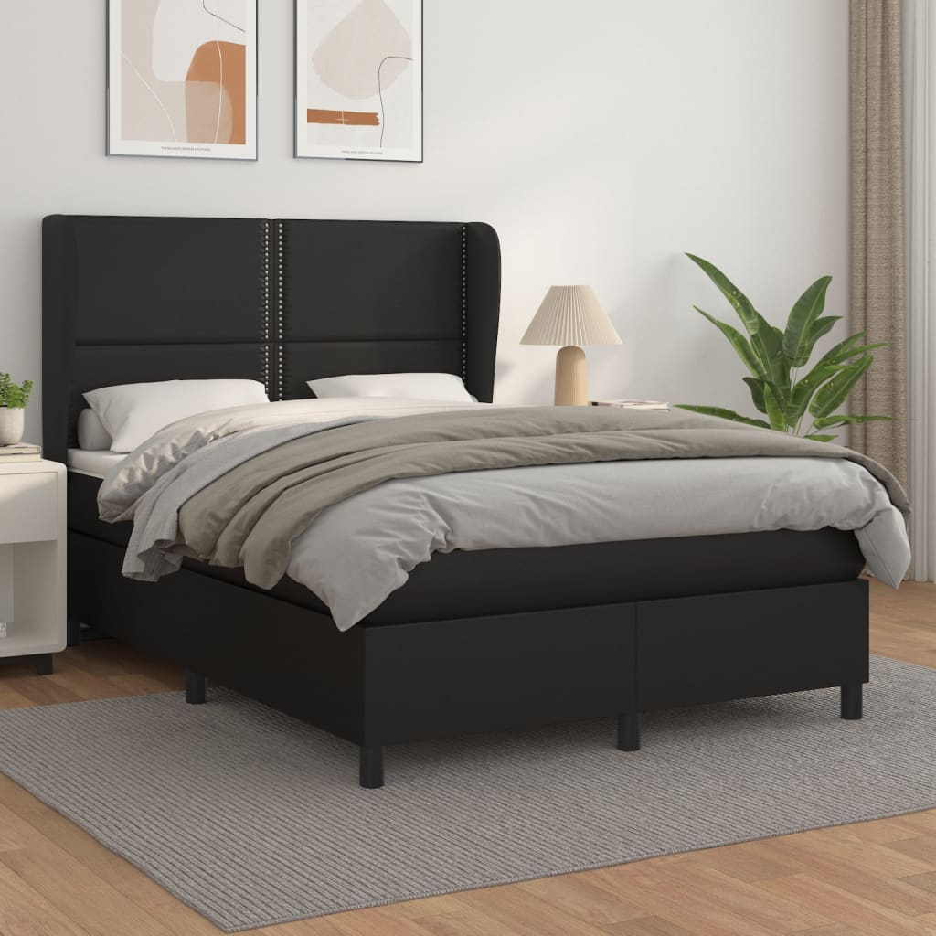 vidaXL Pat box spring cu saltea, negru, 140x190 cm, piele ecologică