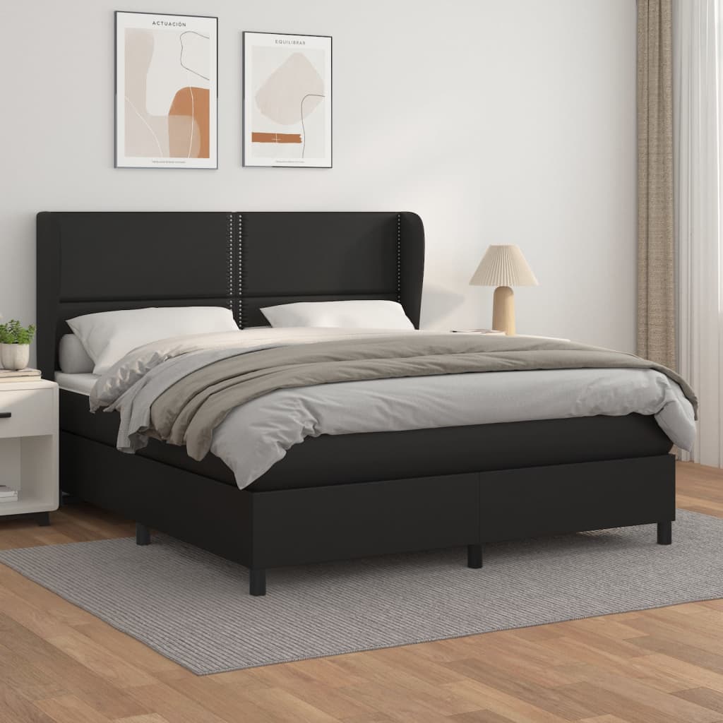 vidaXL Pat box spring cu saltea, negru, 160x200 cm, piele ecologică