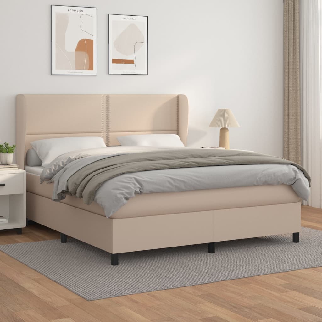 vidaXL Pat box spring cu saltea, cappuccino, 160x200cm piele ecologică