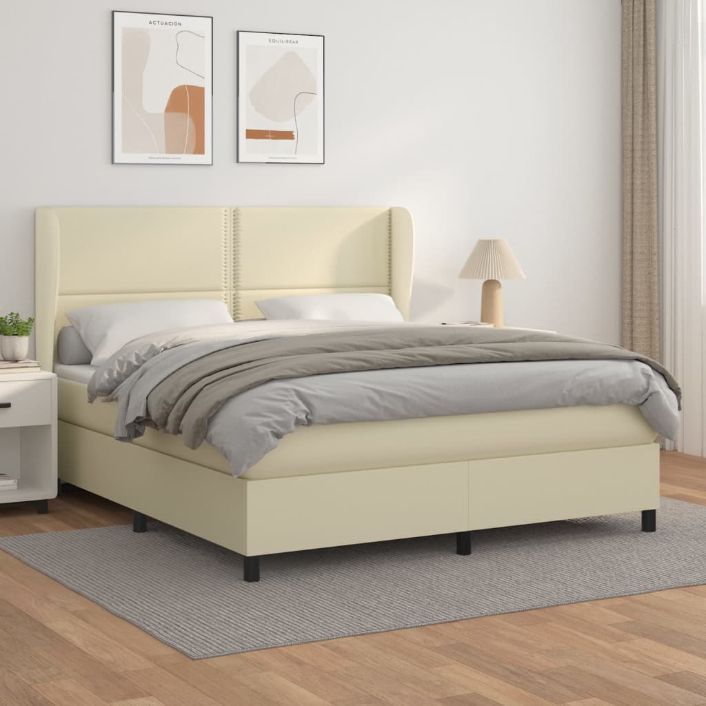 Pat box spring cu saltea, crem, 180x200 cm, piele ecologică