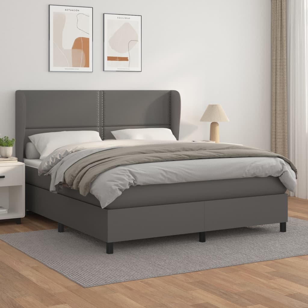 vidaXL Pat box spring cu saltea, gri, 180x200 cm, piele ecologică