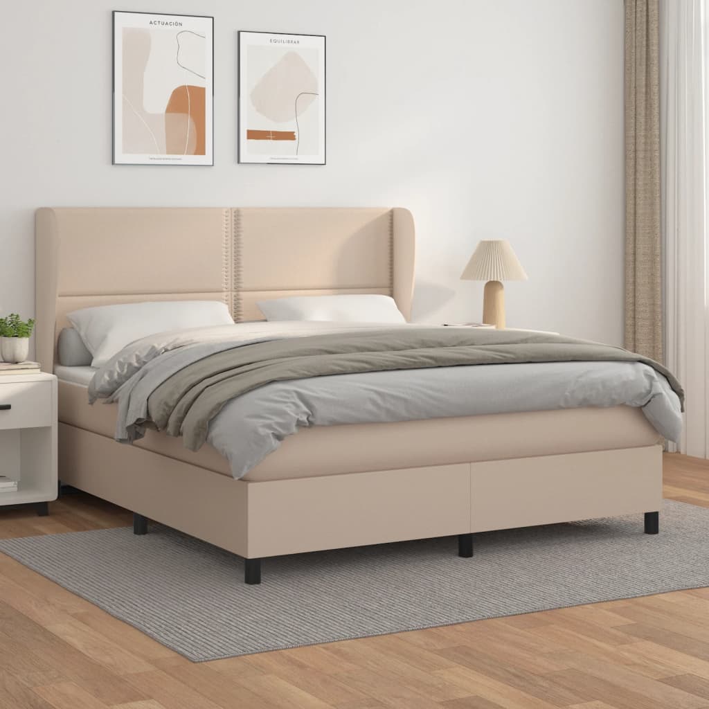 vidaXL Pat box spring cu saltea, cappuccino, 180x200cm piele ecologică