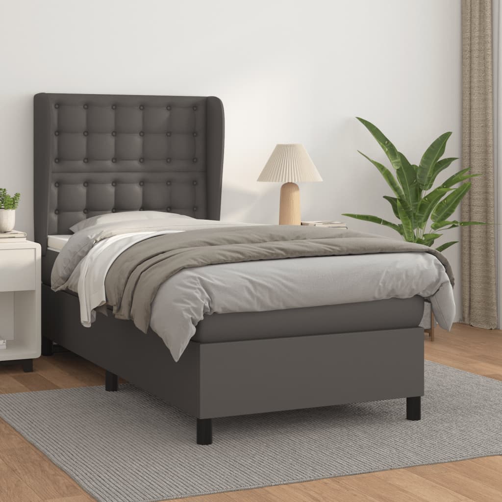 vidaXL Pat box spring cu saltea, gri, 80x200 cm, piele ecologică