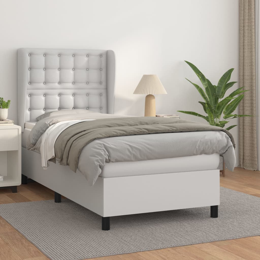 Pat box spring cu saltea, alb, 90x190 cm, piele ecologică