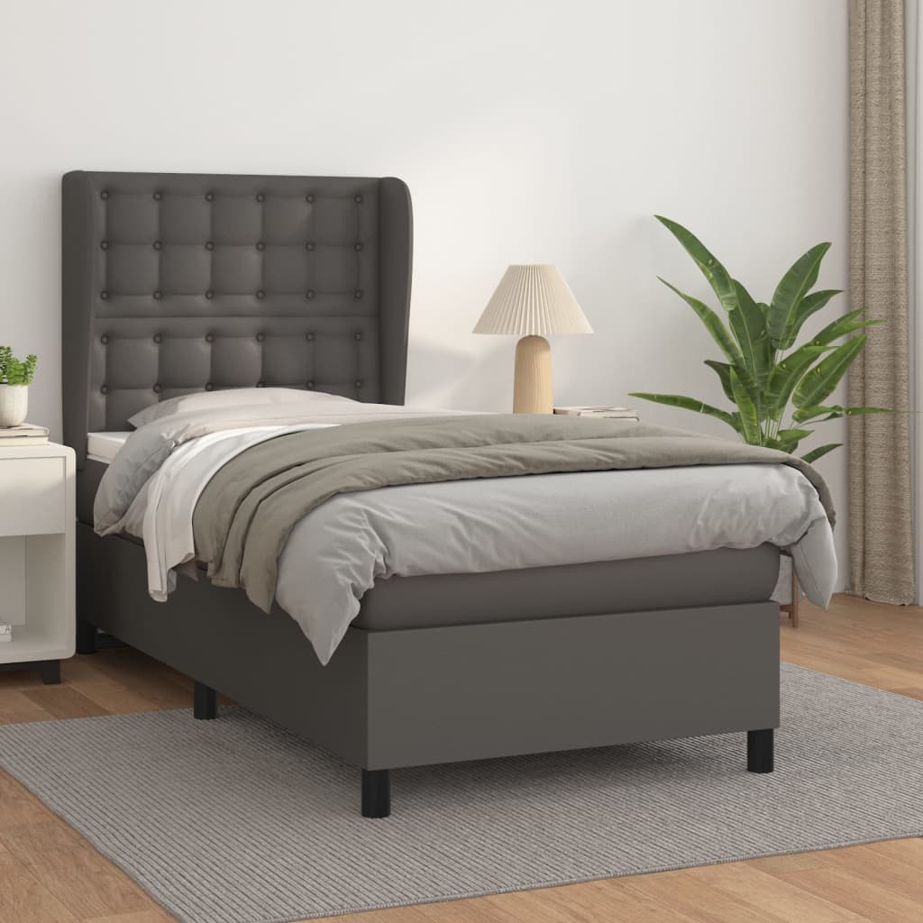 vidaXL Pat box spring cu saltea, gri, 90x190 cm, piele ecologică