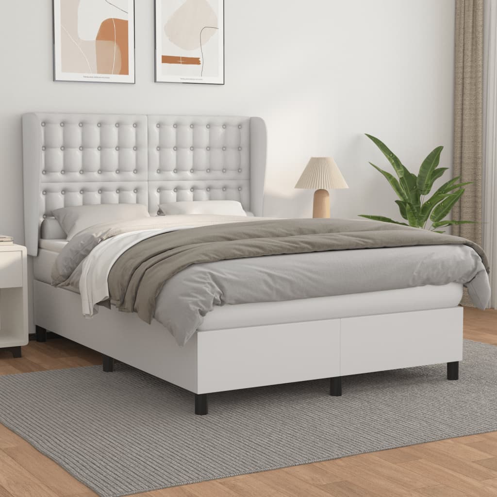 vidaXL Pat box spring cu saltea, alb, 140x190 cm, piele ecologică