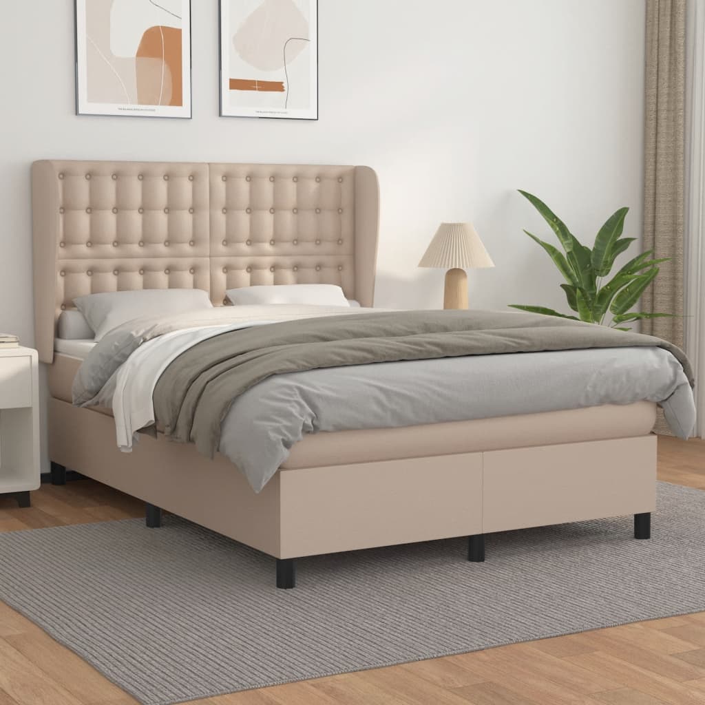 vidaXL Pat box spring cu saltea, cappuccino, 140x190cm piele ecologică