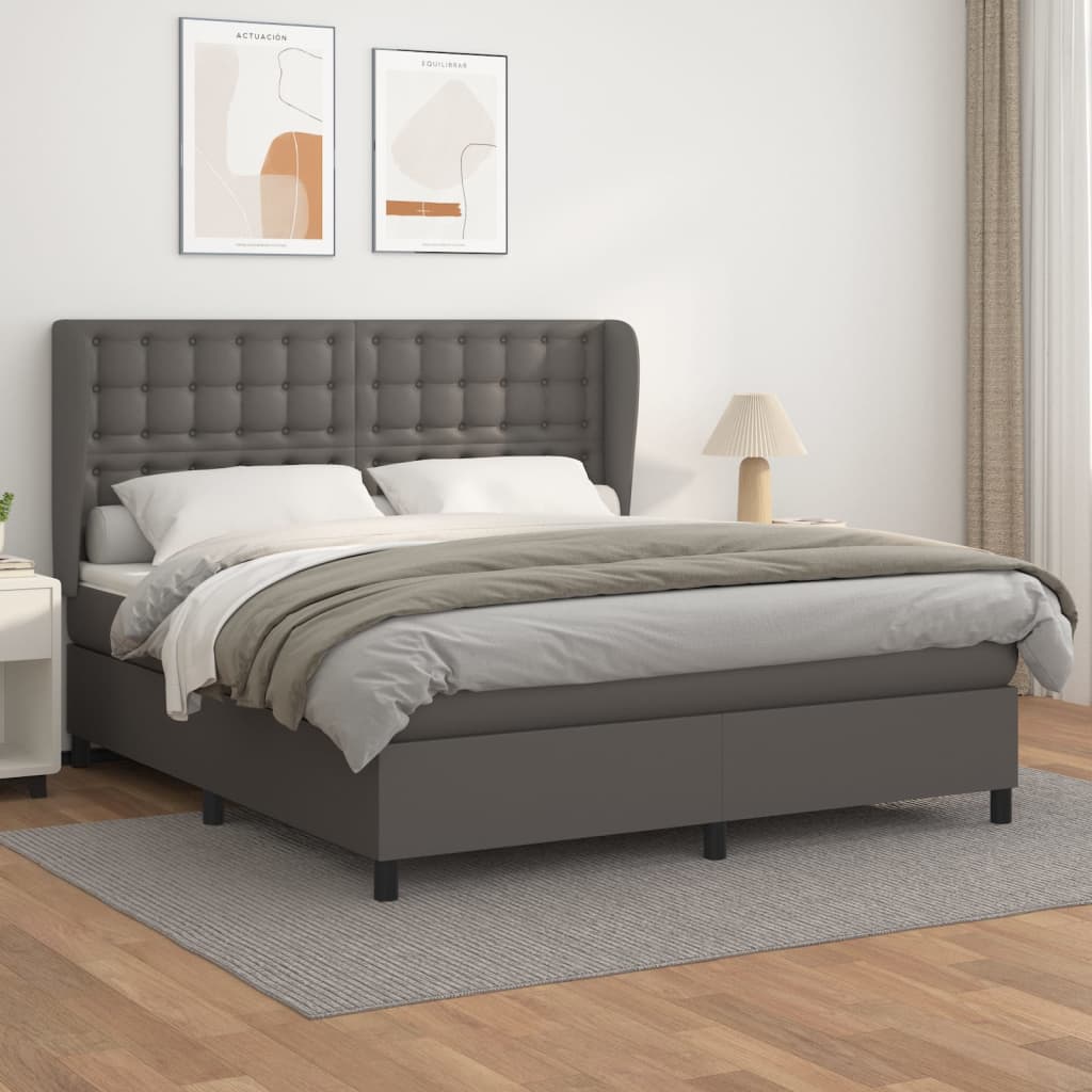 vidaXL Pat box spring cu saltea, gri, 160x200 cm, piele ecologică