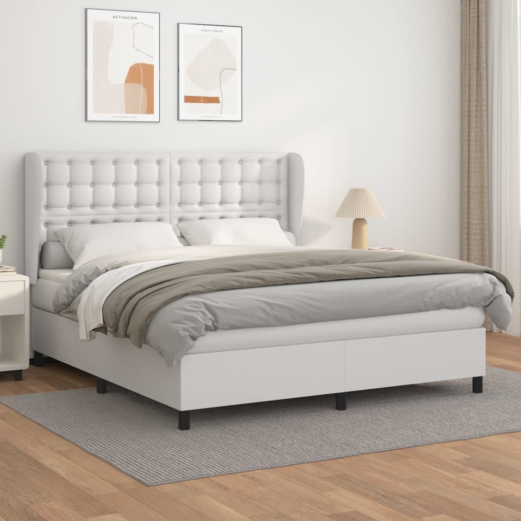 vidaXL Pat box spring cu saltea, alb, 180x200 cm, piele ecologică