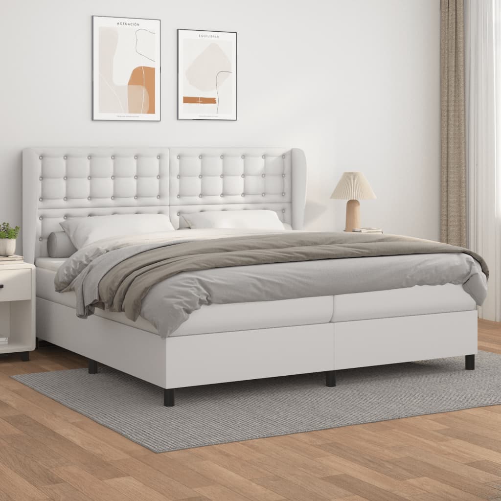 vidaXL Pat box spring cu saltea, alb, 200x200 cm, piele ecologică