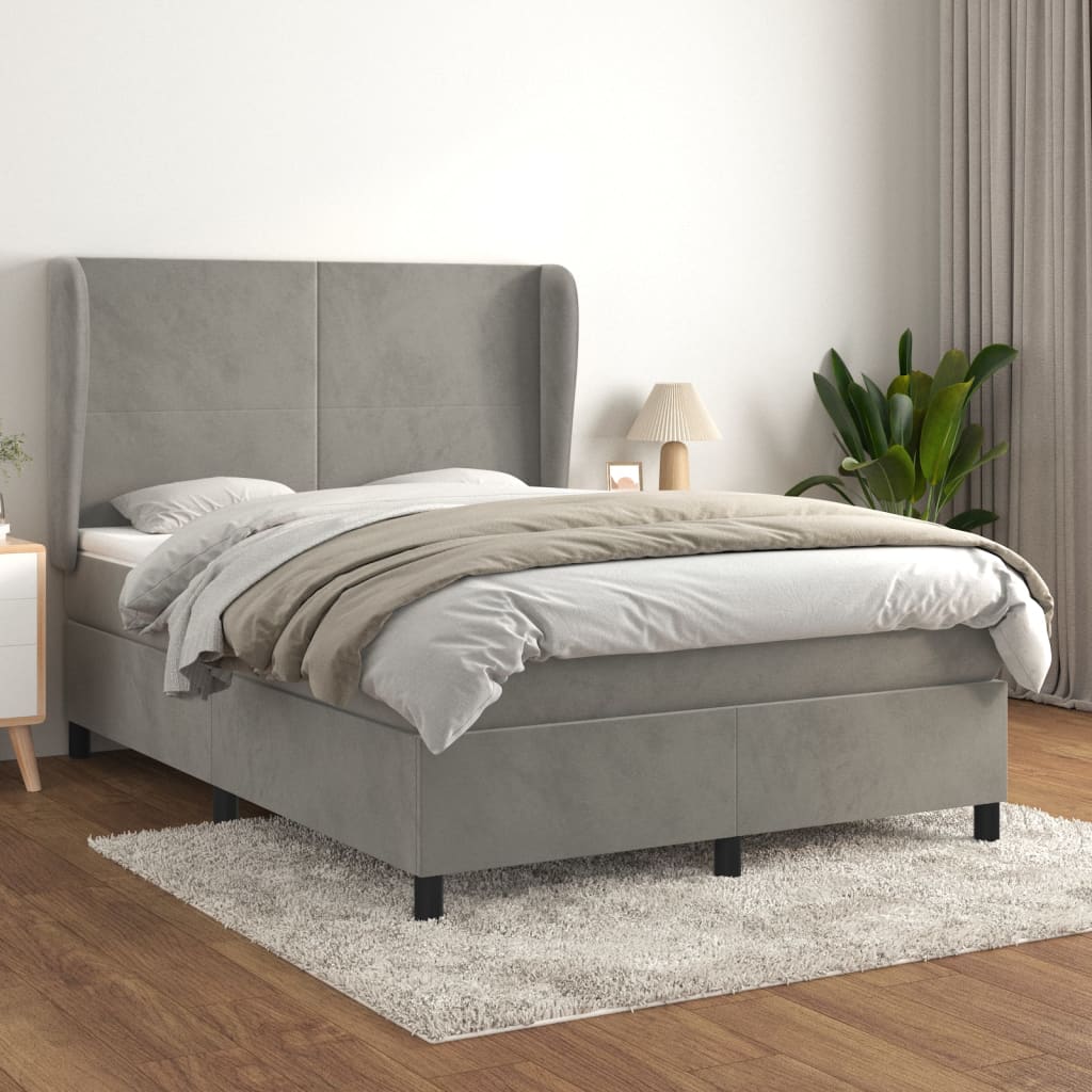 vidaXL Pat box spring cu saltea, gri deschis, 140x190 cm, catifea