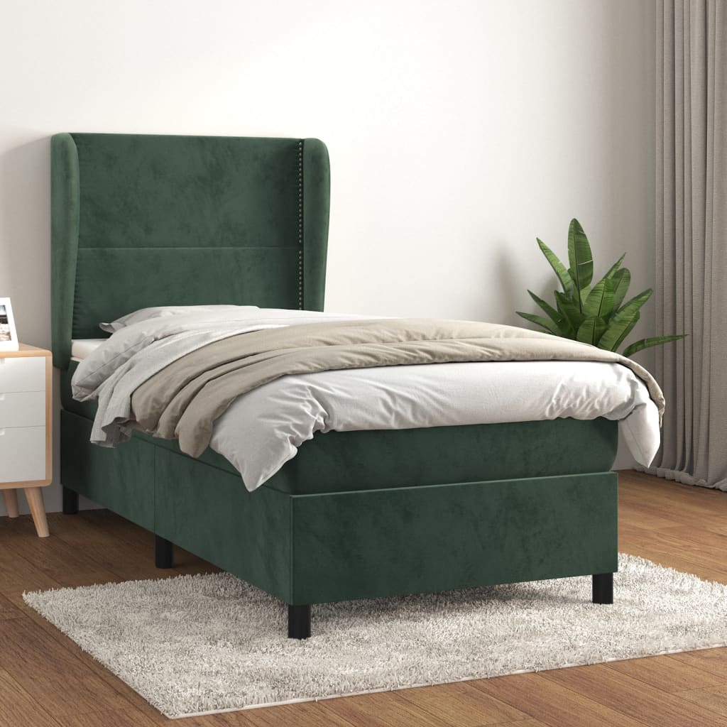 sötétzöld bársony rugós ágy matraccal 100 x 200 cm