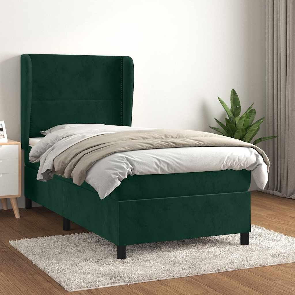 vidaXL Pat box spring cu saltea, verde închis, 100x200 cm, catifea