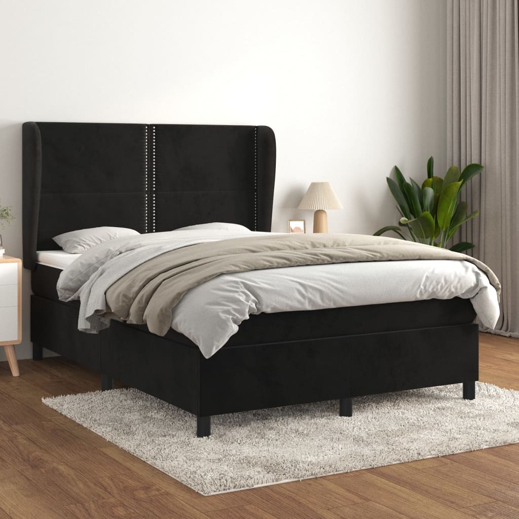 vidaXL Pat box spring cu saltea, negru, 140x190 cm, catifea