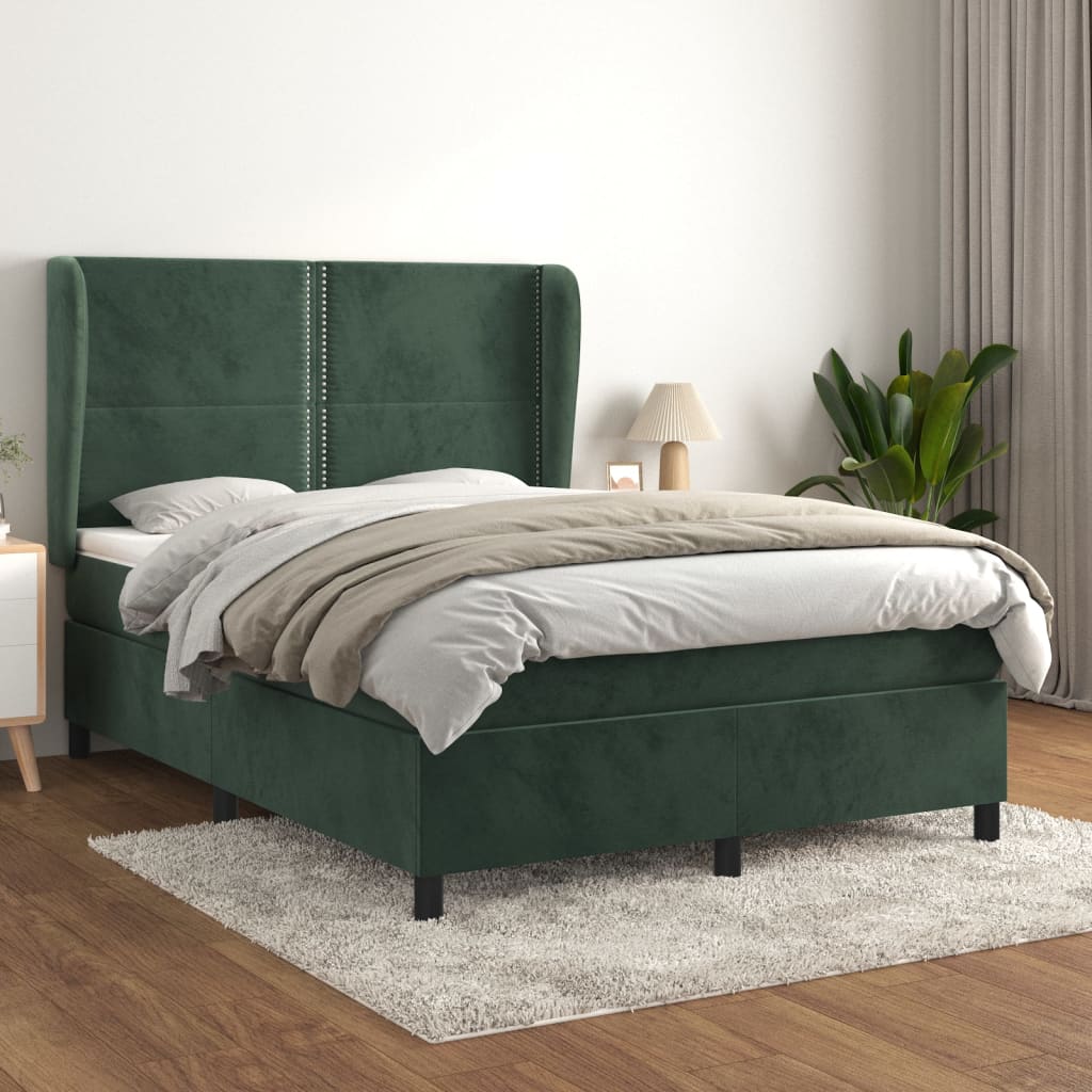 vidaXL Pat box spring cu saltea, verde închis, 140x190 cm, catifea