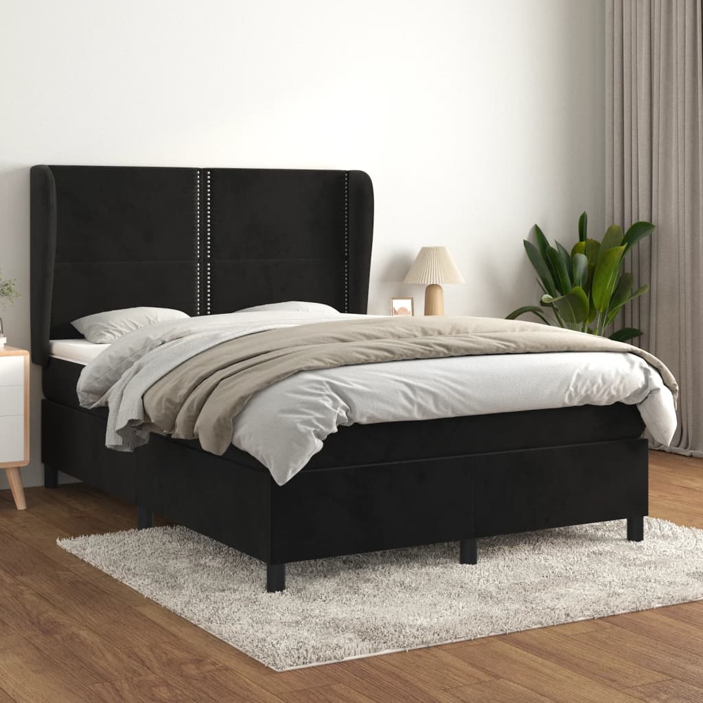 vidaXL Pat box spring cu saltea, negru, 140x200 cm, catifea