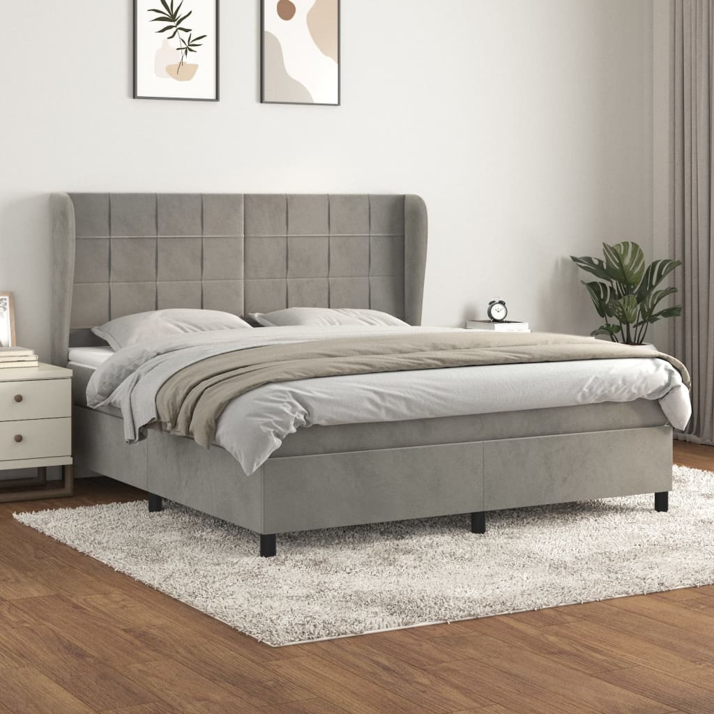 vidaXL Pat box spring cu saltea, gri deschis, 160x200 cm, catifea