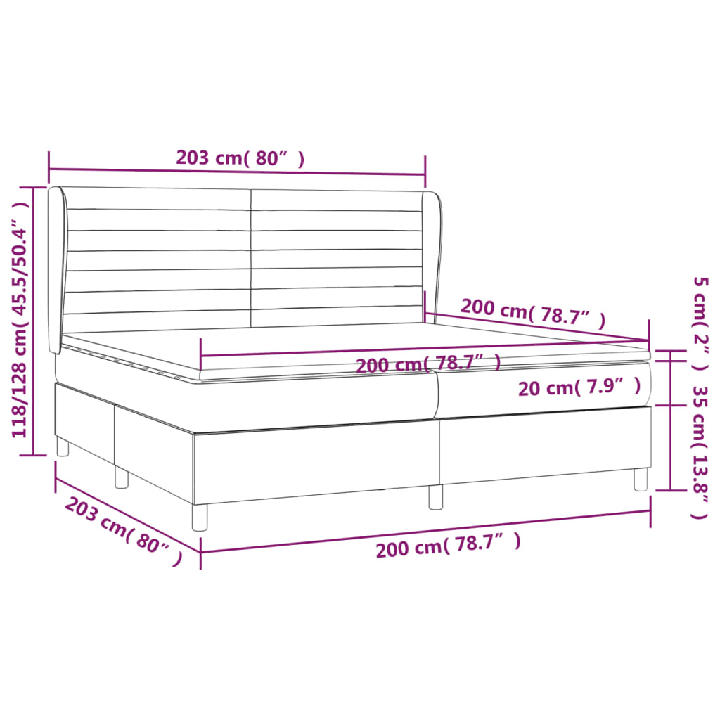 Łóżko kontynentalne z aksamitu - czarne 203x203x128 cm, Materac z sprężynami - biało-czarny 100x200x20 cm, Nakładka ochronna na materac - biała 200x200x5 cm