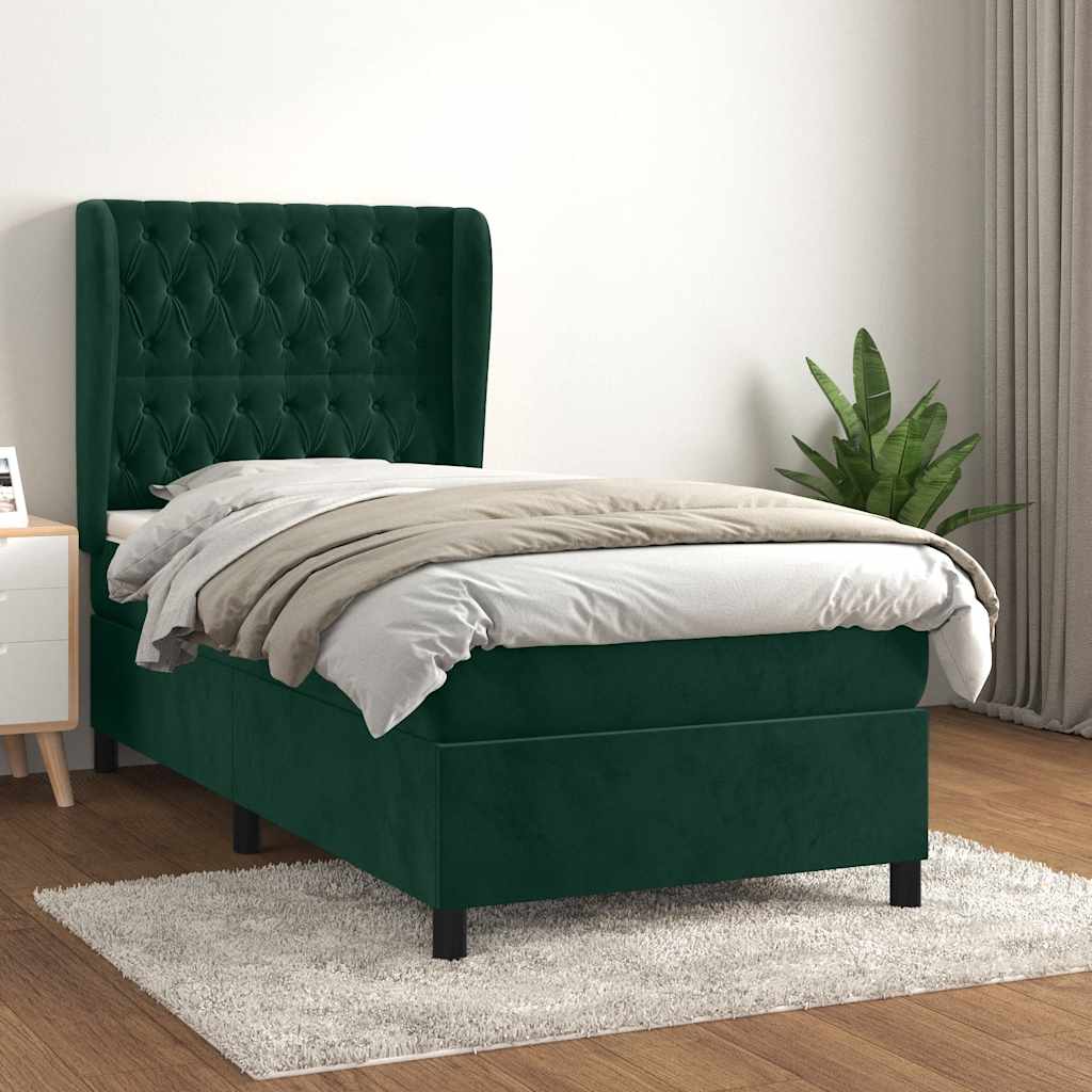 vidaXL Pat box spring cu saltea, verde închis, 100x200 cm, catifea