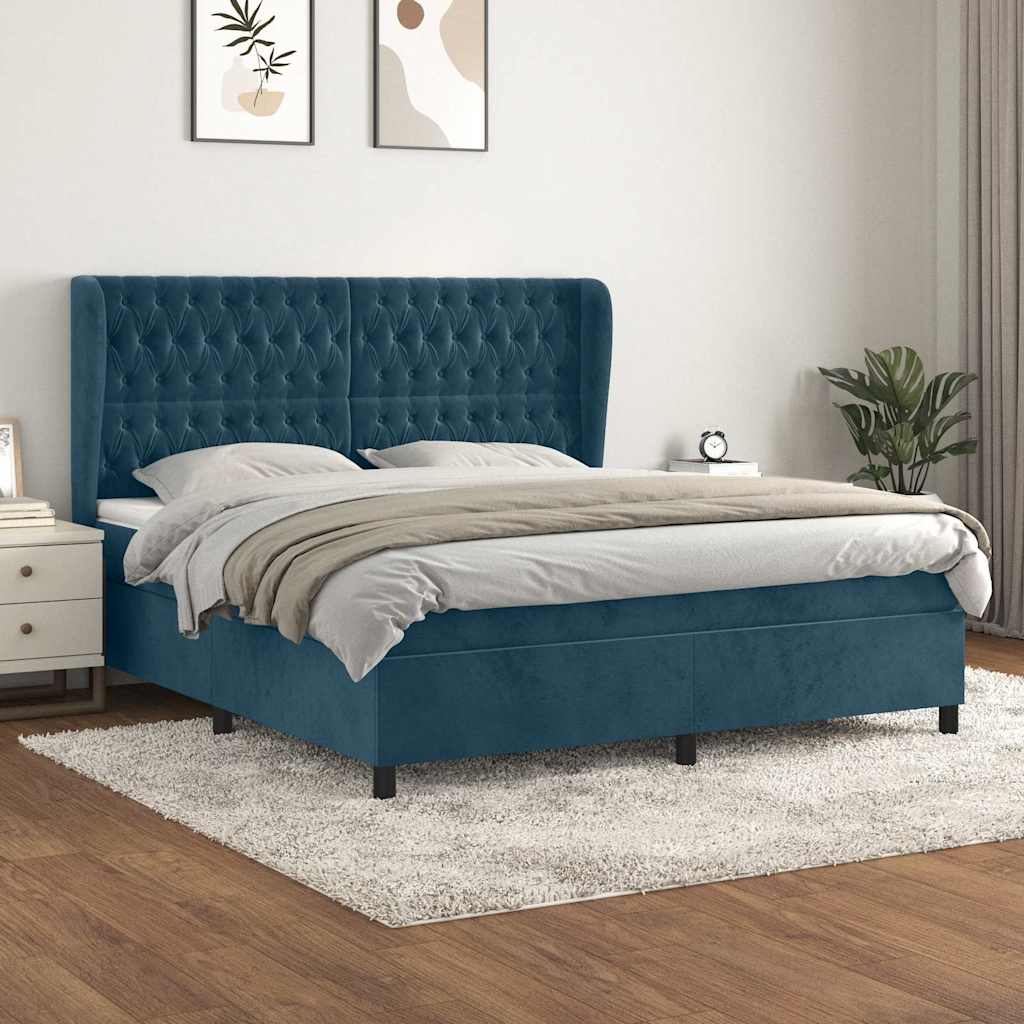 vidaXL Pat box spring cu saltea, albastru închis, 160x200 cm, catifea