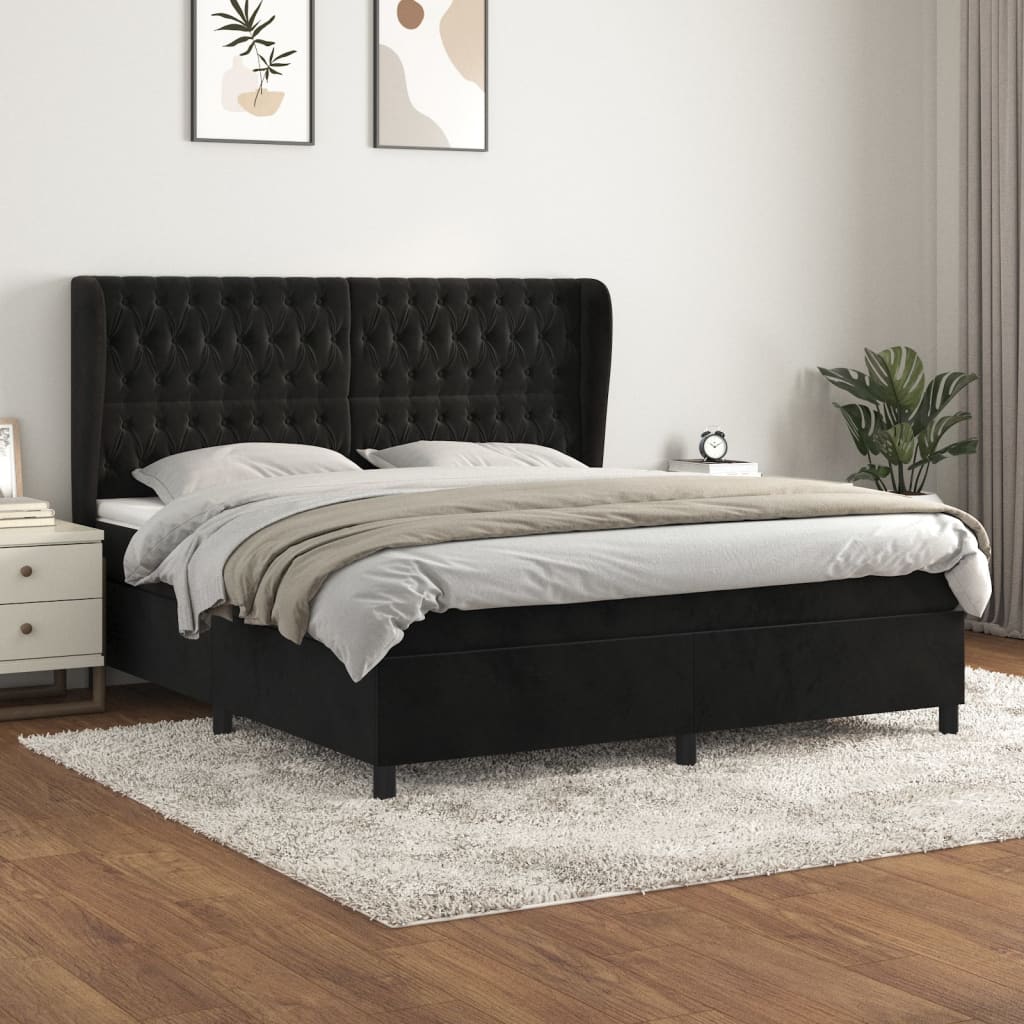 vidaXL Pat box spring cu saltea, negru, 180x200 cm, catifea