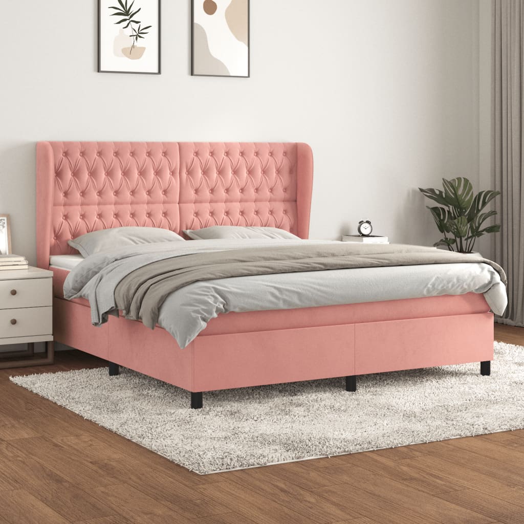 vidaXL Pat box spring cu saltea, roz, 180x200 cm, catifea