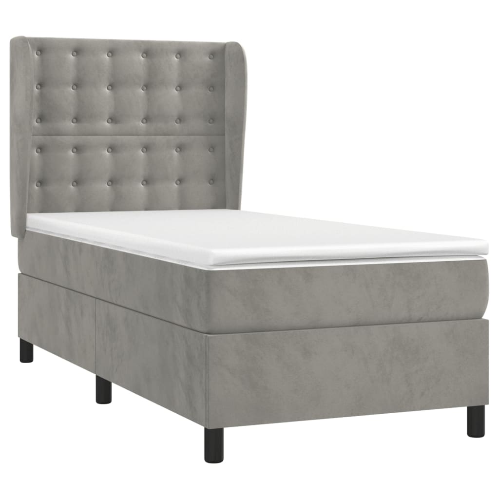 vidaXL Boxspring met matras fluweel lichtgrijs 90x200 cm afbeelding
