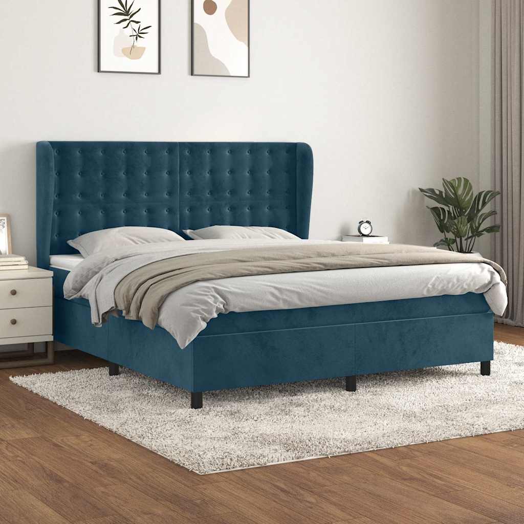 vidaXL Pat box spring cu saltea, albastru închis, 160x200 cm, catifea