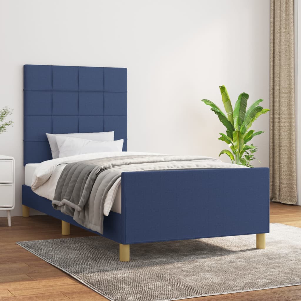 vidaXL Cadru de pat cu tăblie, albastru, 90×200 cm, textil