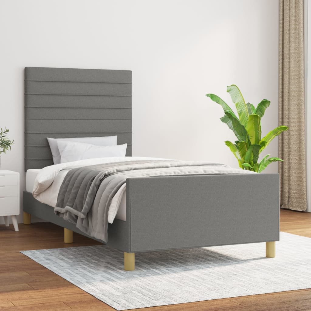 Cadru de pat cu tăblie, gri închis, 100x200 cm, textil
