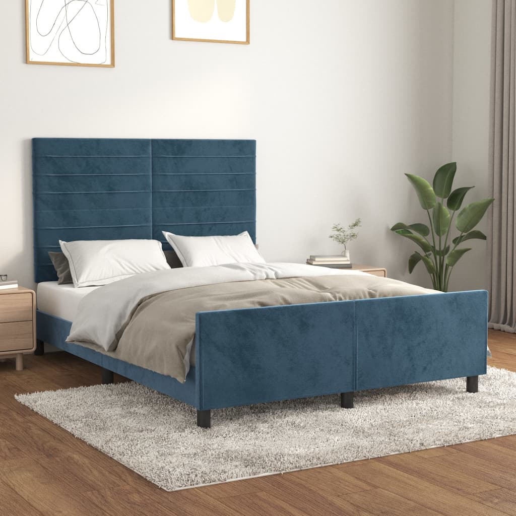 vidaXL Estrutura de cama c/ cabeceira 140x200 cm veludo azul-escuro