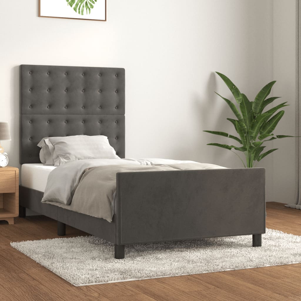 vidaXL Estrutura de cama c/ cabeceira 90x200 cm veludo cinzento-escuro