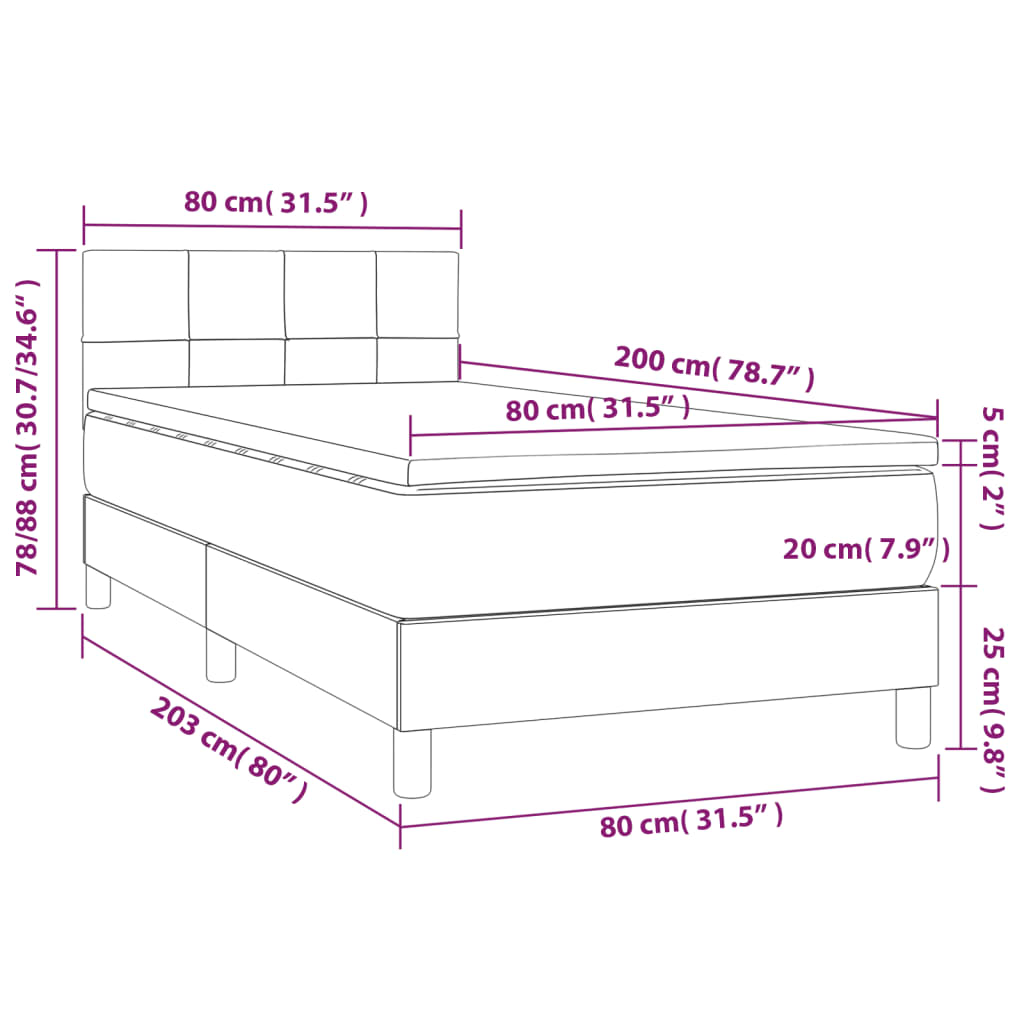 Łóżko kontynentalne ciemnoszare 203x80x78/88 cm + materac biały 80x200x20 cm + nakładka ochronna biała 80x200x5 cm