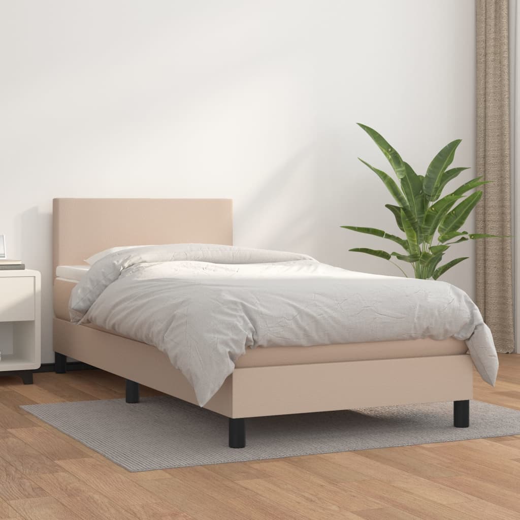 vidaXL Pat box spring cu saltea, cappuccino, 80×200 cm piele ecologică
