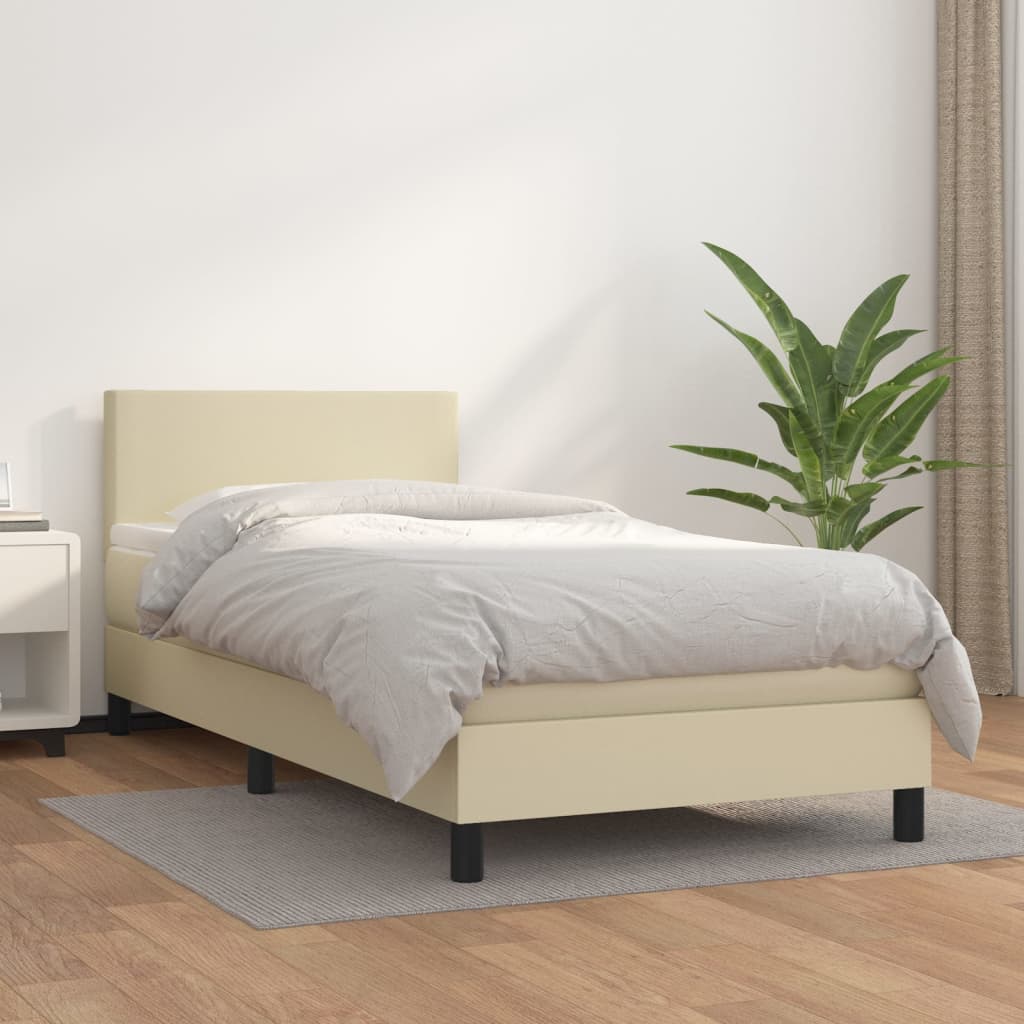 vidaXL Pat box spring cu saltea, crem, 90x200 cm, piele ecologică