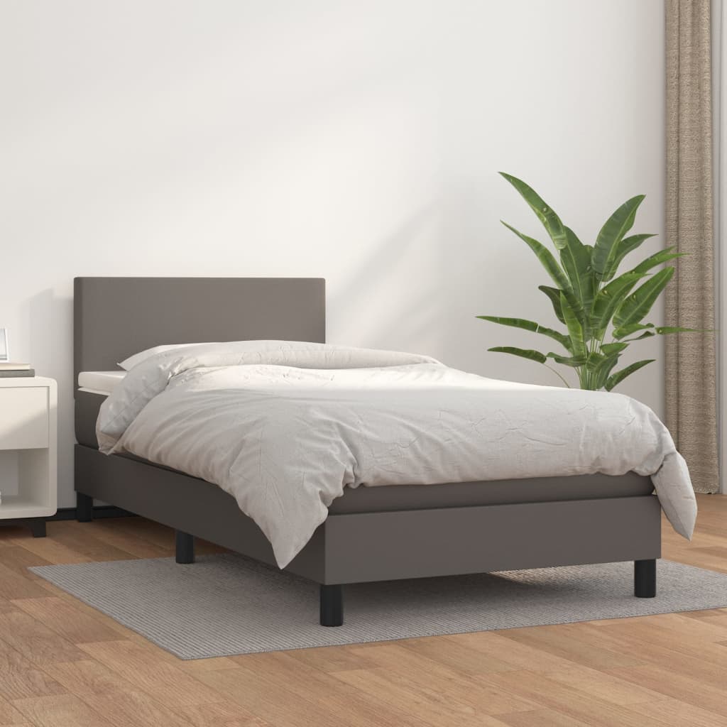 vidaXL Pat box spring cu saltea, gri, 90x200 cm, piele ecologică