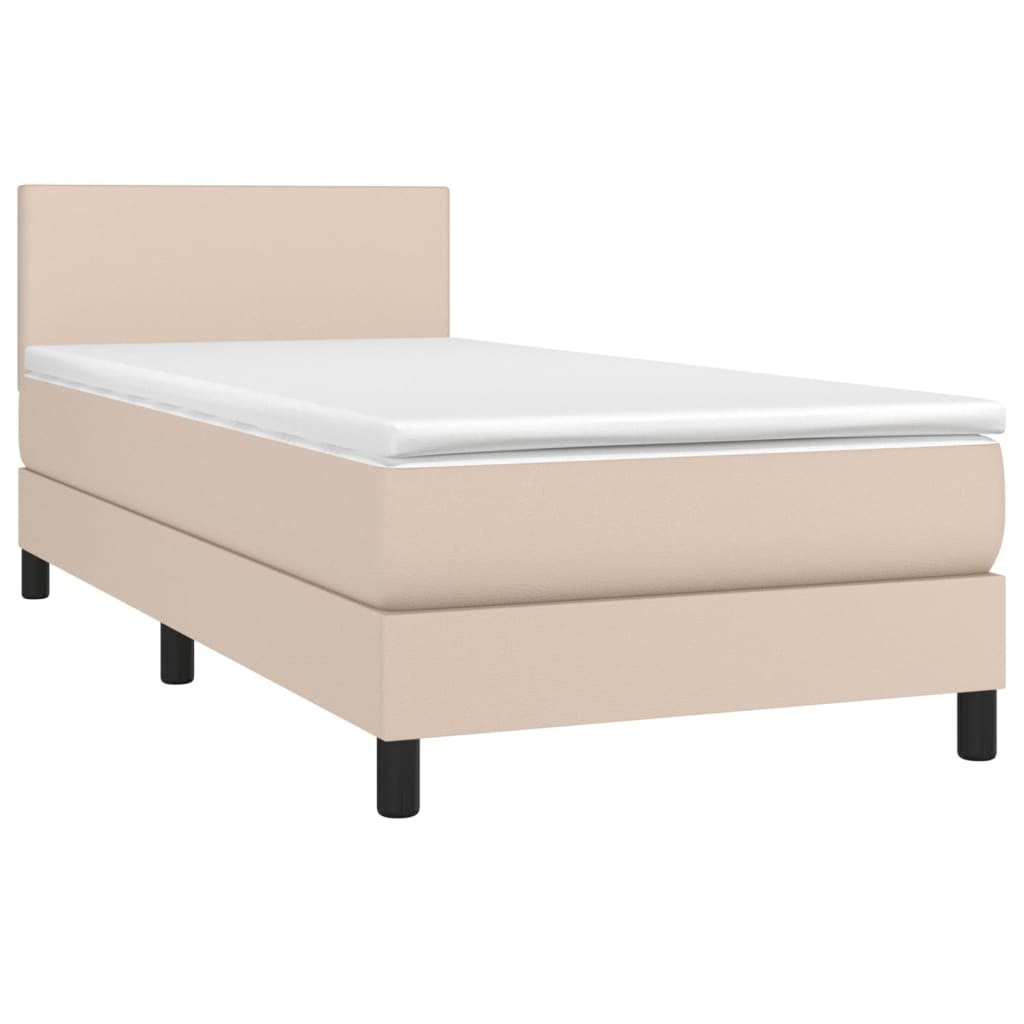 Pat box spring cu saltea, cappuccino, 90x200 cm piele ecologică