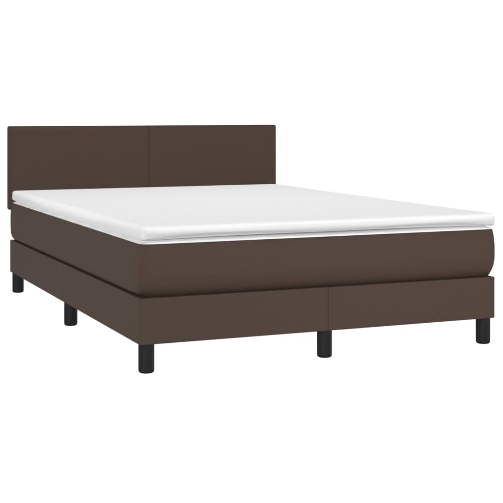 vidaXL Pat box spring cu saltea, maro, 140x190 cm, piele ecologică