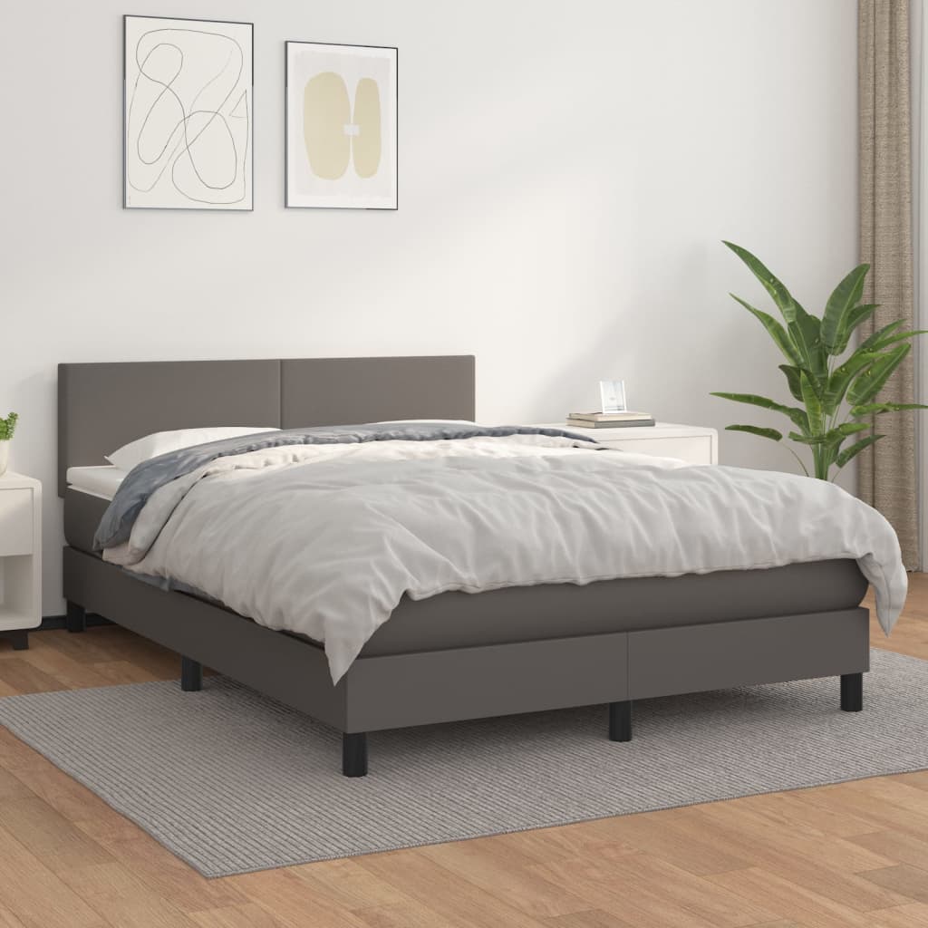 vidaXL Pat box spring cu saltea, gri, 140x190 cm, piele ecologică