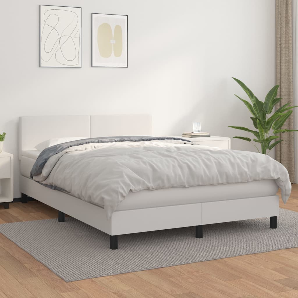 vidaXL Pat box spring cu saltea, alb, 140x200 cm, piele ecologică